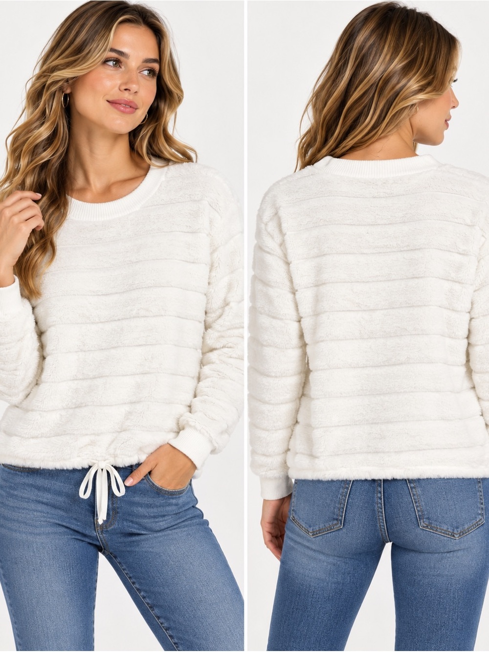 Crave Fame XL White Fuzzy Plush Drawstring Crewneck Sweater